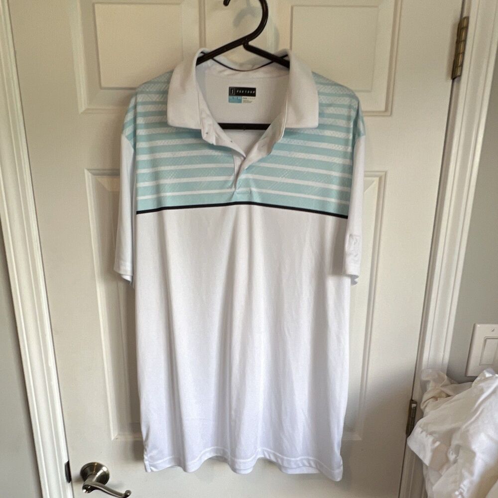 PGA TOUR Pro Series Men’s Polo Shirt 2XL White/Blue Striped Athletic Fit Golf
